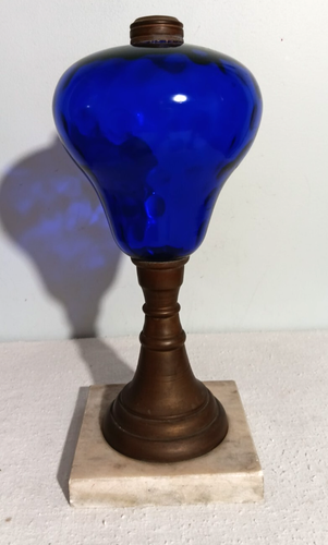 Antique Cobalt Blue Dot Optic Blown Glass Oil Lamp