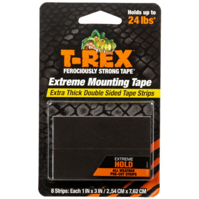 T-REX  Extreme Hold Mounting Tape - Black, 8 Strips: Each 1 in. x 3 in.
