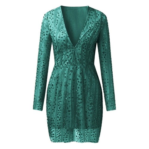Long Sleeve Sheer Sequined Mesh Bodycon Short Dress with Low Neck for Parties - Picture 24 of 31