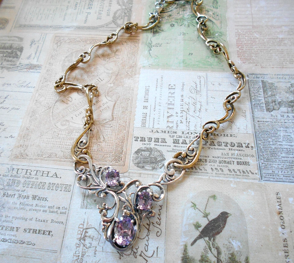 Sterling Brass Carolyn Pollack Rose de France Amethyst Statement Necklace 89C1 - Image 3 of 4