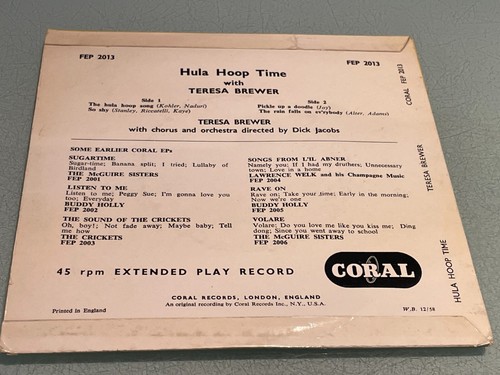 Hula Hoop Time with Teresa Brewer - Vinyl Record 7" Single - 1958 4 Track EP - Picture 2 of 5