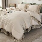 King Size Comforter Set Beige, 3 Pieces Boho Tassel Lightweight Soft Bedding