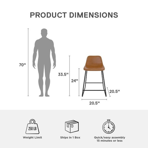 Scoop Counter Height Stool Faux Leather Metal Base Kitchen Bar Seating Use Brown - Picture 9 of 18