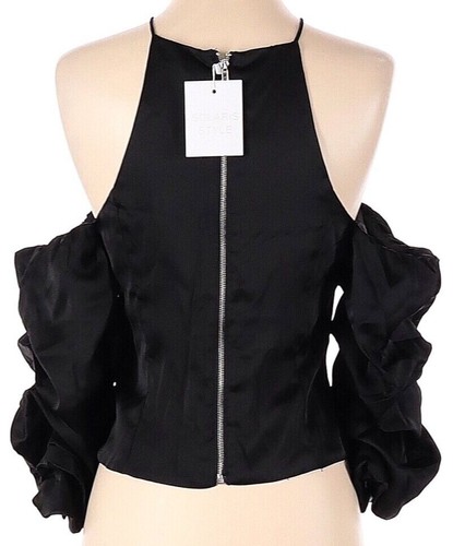 NWT Solaris Style Black Satin Cold Shoulder Puff Sleeve Blouse Size Small - Picture 4 of 9