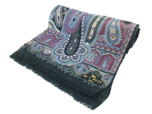 Auth ETRO DarkNavy Purple Multi Wool Silk Scarf