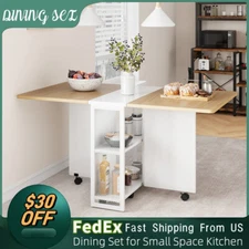Folding Dining Table with 6 Wheels Storage Racks for Small Kitchen Saving Space