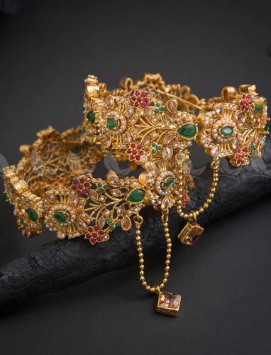 Indian Pakistani 2 Wide Gold Kara Bangles With Zirconia - Picture 3 of 8