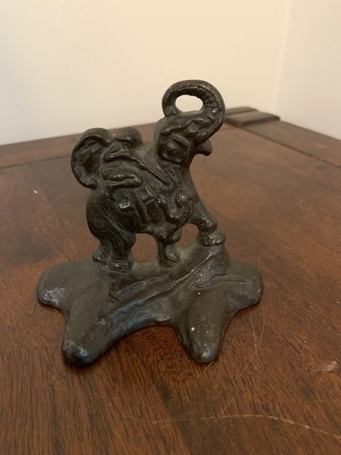 Antique Solid Cast Iron Safari Elephant Bookend Hunter Jaguar Panther Tiger 4” - Picture 6 of 12