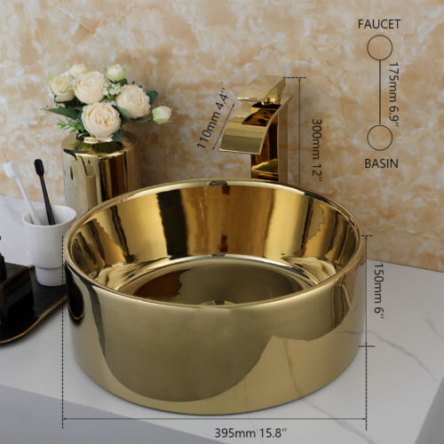 US Round Bathroom Sink Gold Ceramic Basin Waterfall Faucet Mixer Brass Drain Tap - Picture 2 of 13
