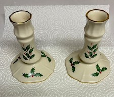 PAIR LENOX CANDLESTICK WHITE & GOLD WITH HOLLY LEAVES 4.5