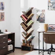 Image of 10 Tiers Bookshelf Display Bookcase Tree Shaped Storage Rack Shelves with Drawer