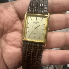 Working Vintage Orient VX Mens Tank Watch D35611V Brown Strap Quartz 28mm Fit 8”