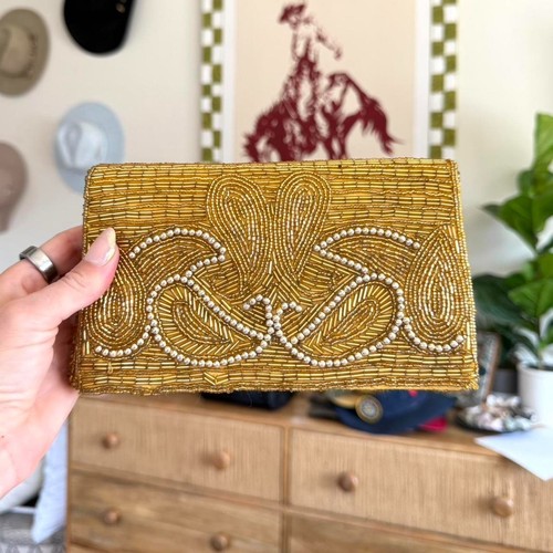 BOLSO MONEDERO VINTAGE DORADO CON CUENTAS HECHO A MANO AÑOS 90 - Imagen 1 de 8