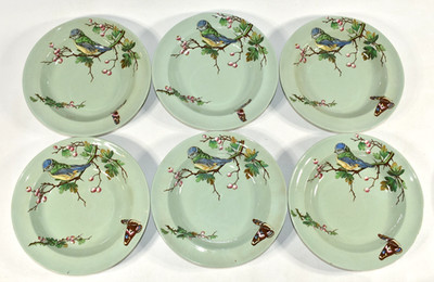 Minton Tomtit AS-IS FLAWS Set of 6 Bird Butterfly 9'' Blue Bowls CRAZING STAINING