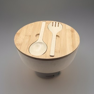 Oake Bamboo Air Tight Lidded Salad Bowl W/ Serving Fork & Spoon Set New No Box