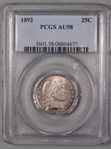 Toned Choice AU 1892 Silber FRISEUR Viertel PCGS AU58.