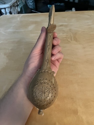 Vintage handgeschnitztes Holzzapfen Volksinstrument Souvenir mit Pferdekopf & Rohhaut - Bild 3 von 18