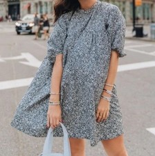 Everlane The Shirred Yoke Mini Dress Women's Medium Blue Floral Puff Sleeve