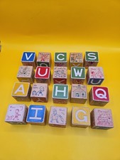 Lot Of 20 Assorted Sizes Vintage Wooden Building Blocks ABC Pictures
