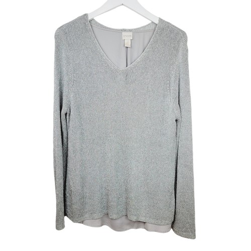 CHICO'S Size 2 (Large) Shine Stitch Aindri Sweater Metallic Silver Layered - Picture 3 of 8