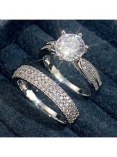 2-Piece Sparkling Silver-Plated CZ Ring Set Size 9 For Women