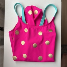 NWOT Mini Boden Cross-Back One Piece Swimsuit Pink Gold Foil Spots 9-10 Years