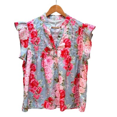 CHERYBETTY Top Womens XL Blue Floral Rose Ruffle Sleeve Pleated Dobby Blouse