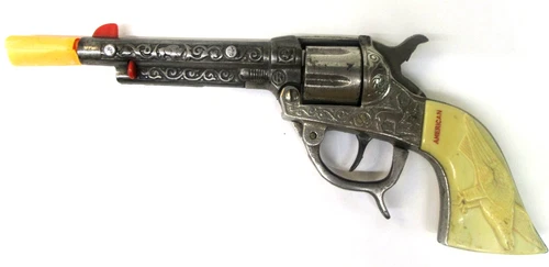 1930's Kilgore "AMERICAN" cowboy cast iron nickel plated 9.5" capgun cap gun