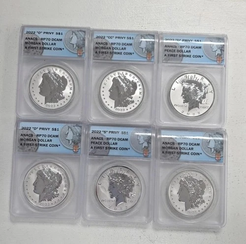 2022 Fiji Morgan & Peace Dollar Privy Mark 6-Coin Set ANACS Rev PF70 1st - ST...