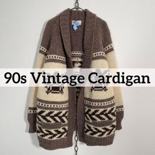 Vintage 90s Cowichan Knit Cardigan Thunderbird Shawl Collar 100 Wool M-L