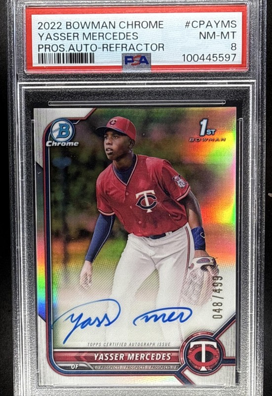 YASSER MERCEDES 2022 BOWMAN CHROME #CPA-YMS /499 AUTO 1ST PSA 8