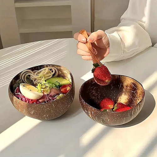 SET OF 4 COCONUT SHELL BOWLS AND SPOONS Smoothie Bowls Fruit Salad Mixing Bowl - Picture 5 of 13