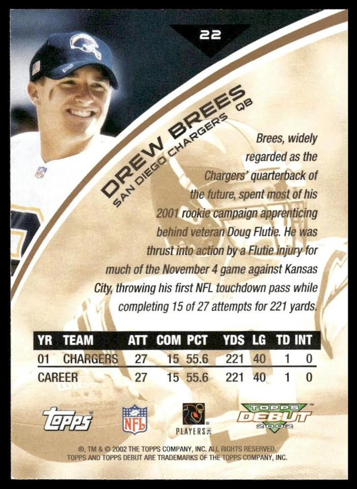 2002 Topps Debut #22 Drew Brees San Diego Chargers NM+ - Image 2 of 2