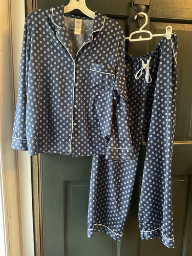 In Bloom by Janquil L Navy Blue Floral Silky Satin Pajamas Set Pants Long Sleeve