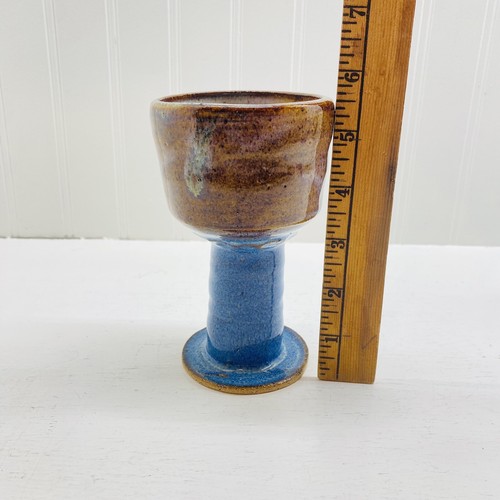 Signed Studio Art Pottery Stoneware Wine Goblet, Glazed Chalice Speckled Glaze - Picture 8 of 9