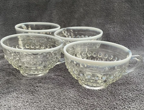 4 Vtg. 1940's Anchor Hocking Moonstone Opalescent Hobnail Glass Tea Coffee Cups