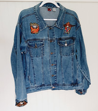 Vtg Marlboro Star Women's Large Denim Jean Jacket With Harley Davidson Patches