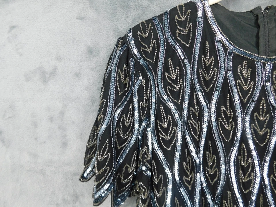 Blusa feminina vintage Adrianna Papell XL com miçangas de seda lantejoulas preta para noite - Imagem 2 de 4