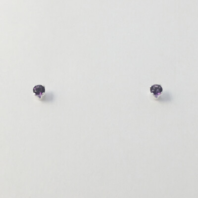 Sterling silver tiny 3mm amethyst stud earrings-studs, purple, February, 