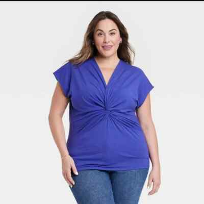 AVA & VIV SIZE 2X (20-22) DEEP BLUE TWIST FRONT KNIT TOP