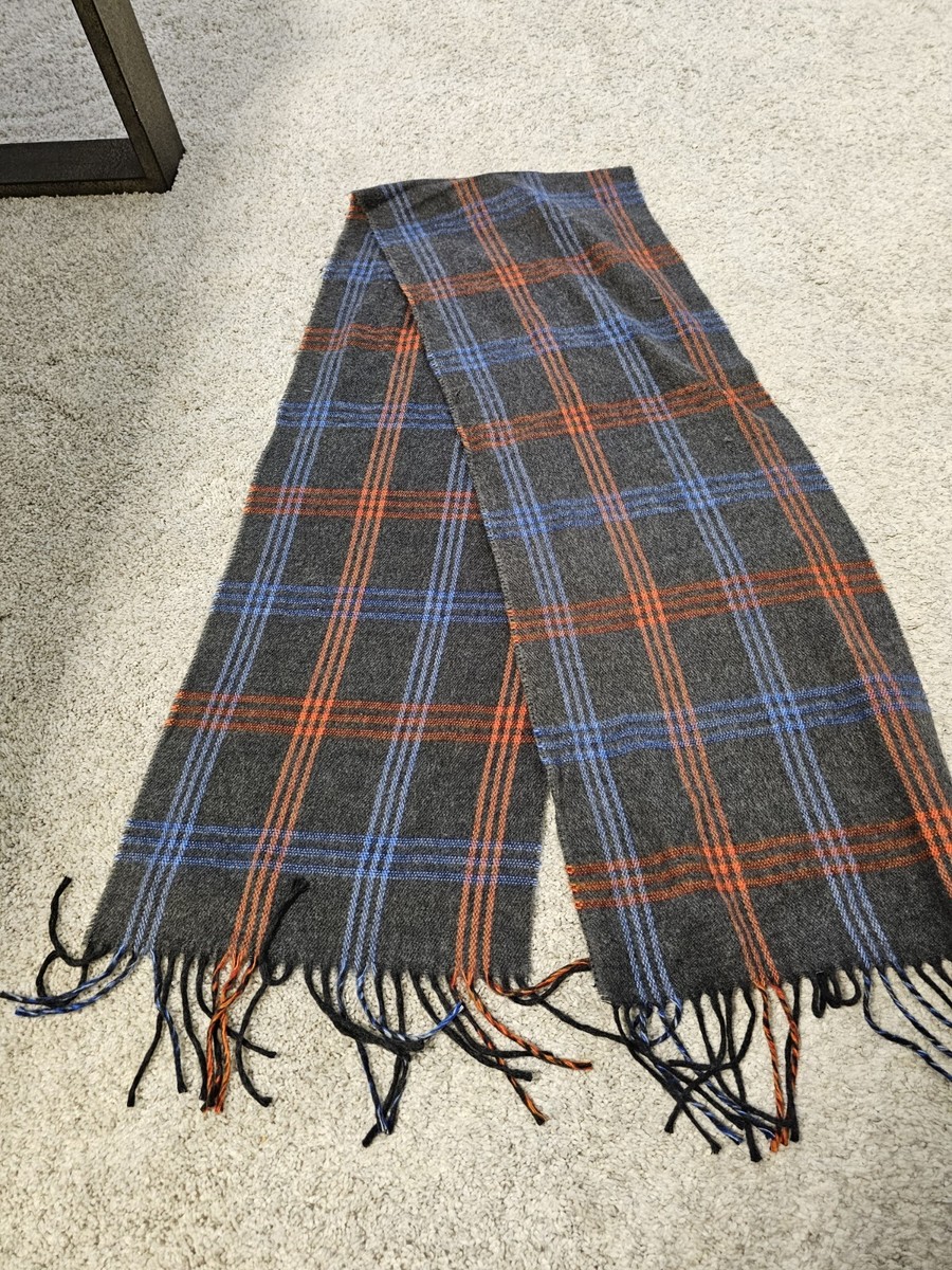 Geoffrey Beene Cashmere Scarf Plaid Check Pattern Gray Blue