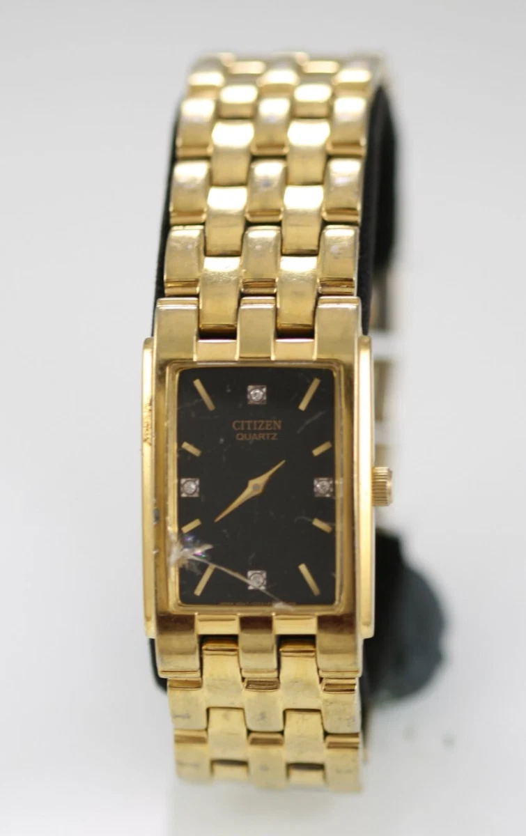 CITIZEN MENS WATCH STAINLESS GOLD DIAMOND BLACK RECTANGLE QUARTZ