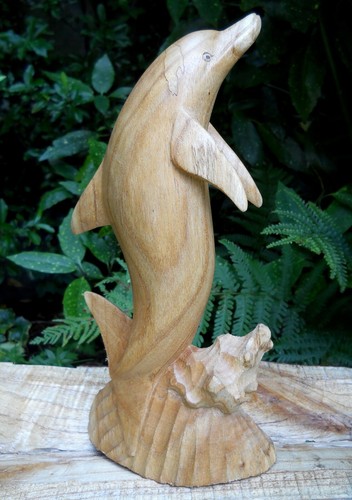 QUALITY WOODEN CARVED FIGURE DOLPHIN Large 50 cm Small 30 cm Natural Colour - Picture 7 of 7