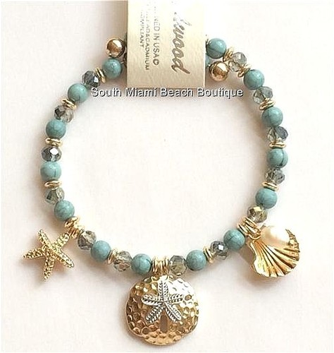 Pearl Sea Life Bracelet Aqua Shell Starfish Island Beach Gold Plated Stretch