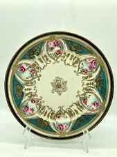 Antique Nippon C1891 Plate Pink Roses Teal Gilt Noritake Maple Leaf Art Nouveau