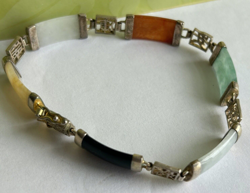 vtg Sterling Silver Chinese BRACELET jade coral black onyx symbol antique 925 - Picture 2 of 7