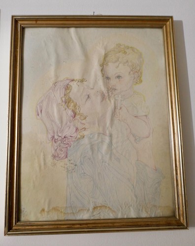 Alte bunte Bleistiftzeichnung Frau mit Kind und Kreuz signiert 41x52 cm - 第 1/7 張圖片