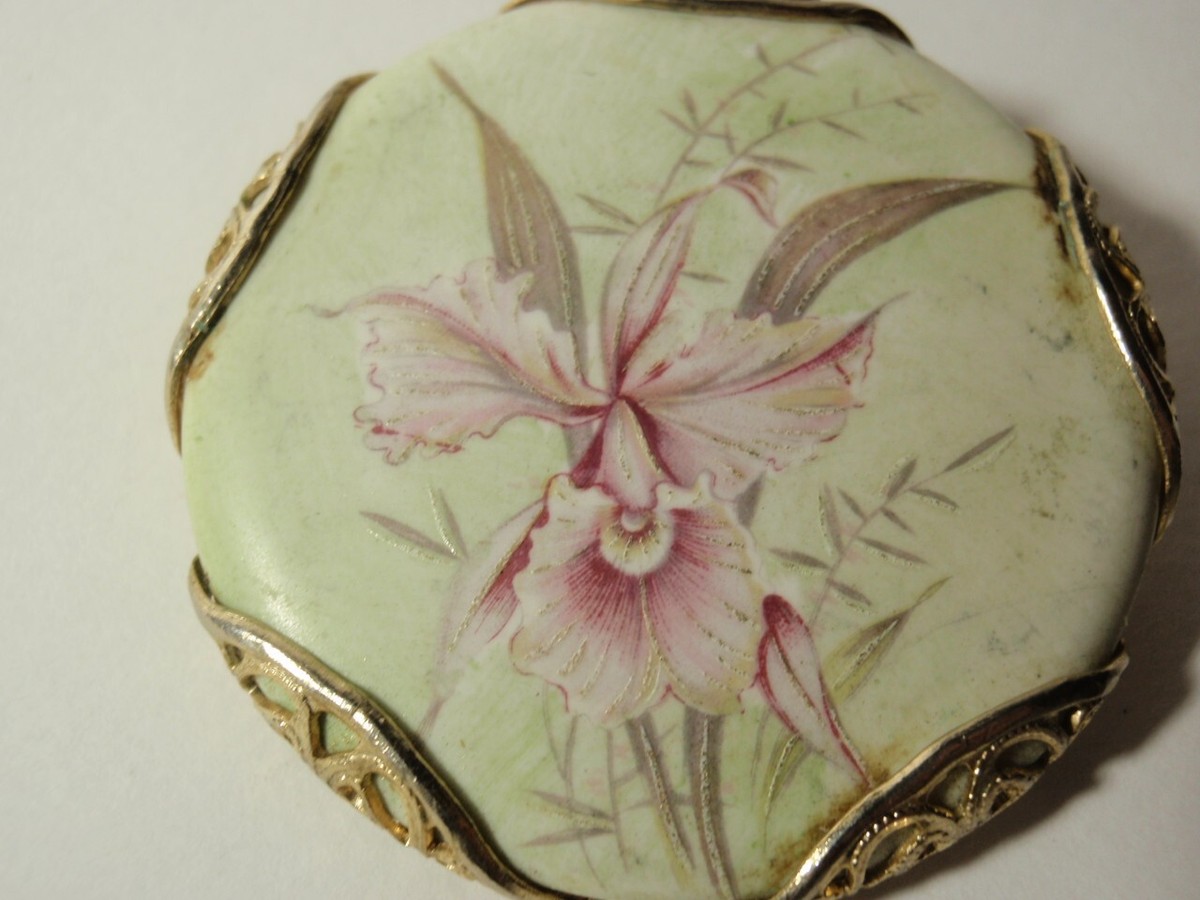 Vintage Hand Painted Purple Iris Flower on Ceramic Brooch Pin View 2