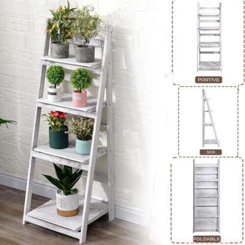 Plant Stand Ladder 4 Tier Foldable Ladder Bookshelf Rack Storage Bookcase Shelf