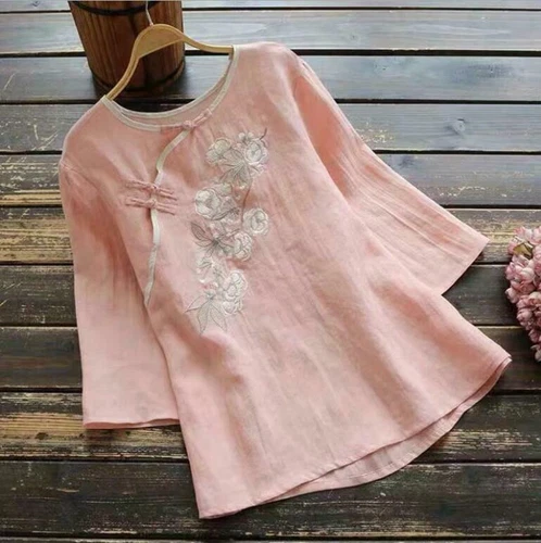 Women's Cotton and Linen Retro Embroidery Diagonal Button Loose Blouse T-Shirt - Picture 14 of 20